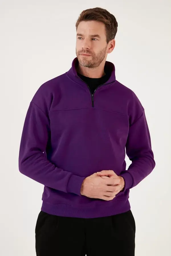 Oversize Yarım Farmuarlı Yakalı Basic SweatShirt - Mor - Image 1
