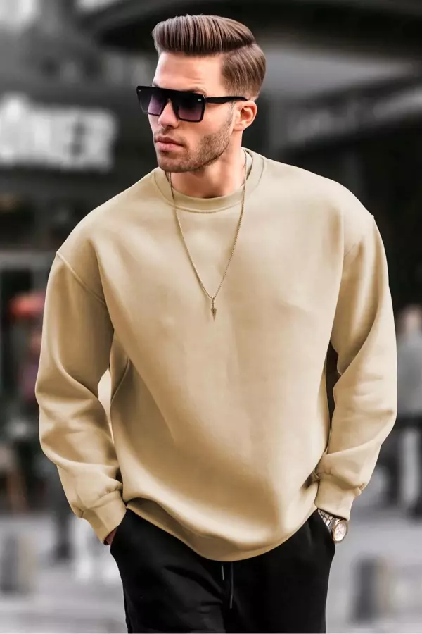 Erkek Düz Bisiklet Yaka Sweat - Bej - Image 1