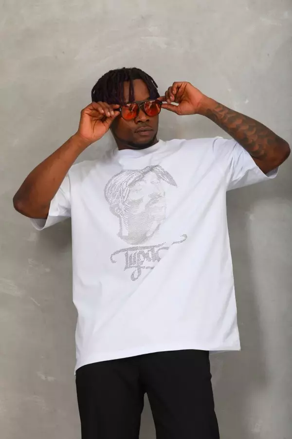 Unisex Oversize Taşlı Bisiklet Yaka T-Shirt - Beyaz - Image 1
