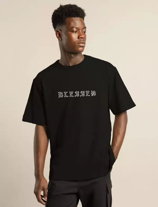 Unisex Bisiklet Yaka Oversize Baskılı T-Shirt - Siyah - Image 1