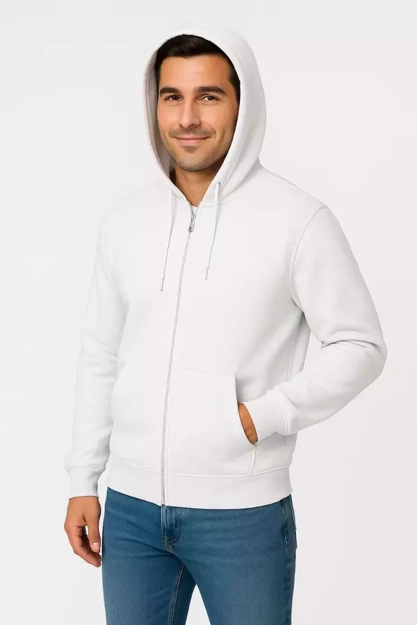 Erkek Üç İplik Kapüşonlu Tam Fermuarlı Kanguru Çepli SweatShirt Hoodie - Beyaz - Image 1
