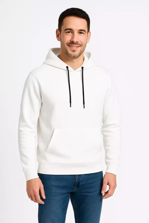 Erkek Üç İplik Kapüşonlu Kanguru Cepli SweatShirt hoodie - Beyaz - Image 1