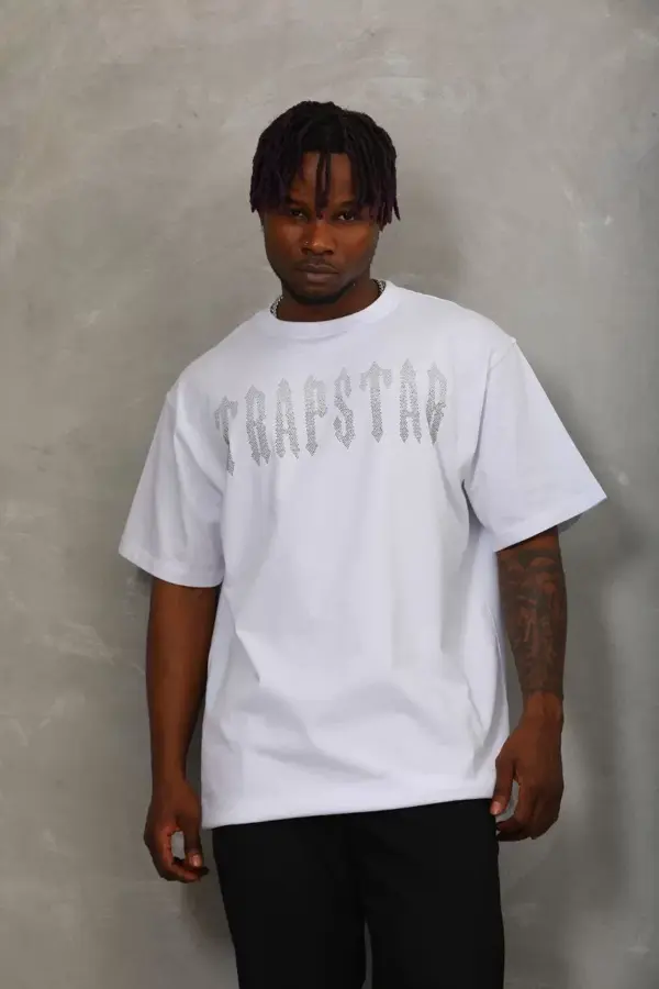 Unisex Oversize Taşlı Bisiklet Yaka T-Shirt - Beyaz - Image 1