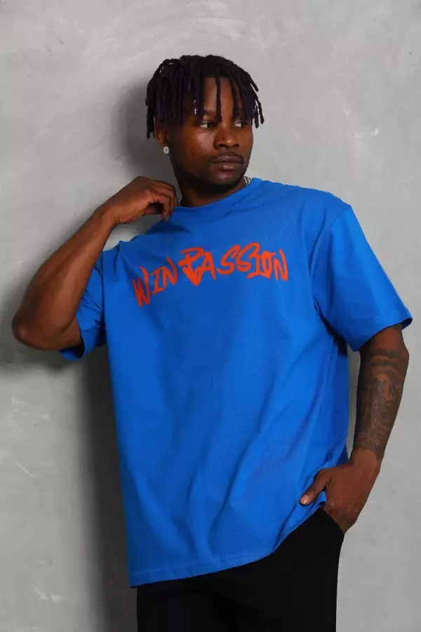Unisex Oversize Baskılı Bisiklet Yaka T-Shirt - Mavi - Image 1
