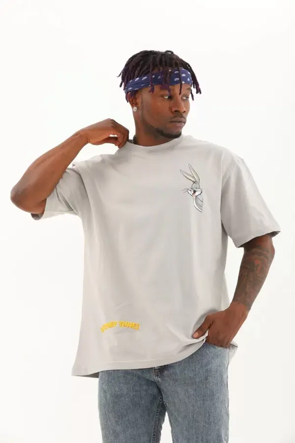 Unisex Oversize Baskılı Bisiklet Yaka T-Shirt - Gri - Image 1