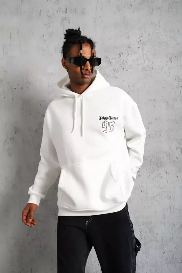 Erkek 98 Baskılı Kapşonlu Sweat - Beyaz - Image 1