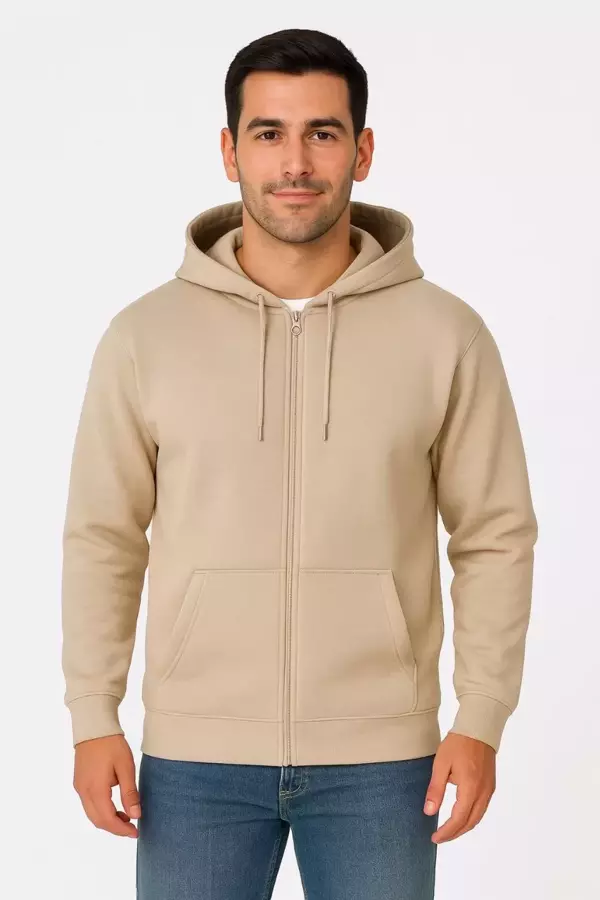 Erkek Üç İplik Kapüşonlu Tam Fermuarlı Kanguru Çepli SweatShirt Hoodie - Bej - Image 1