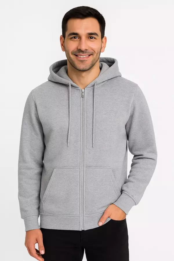 Erkek Üç İplik Kapüşonlu Tam Fermuarlı Kanguru Çepli SweatShirt Hoodie - Gri - Image 1