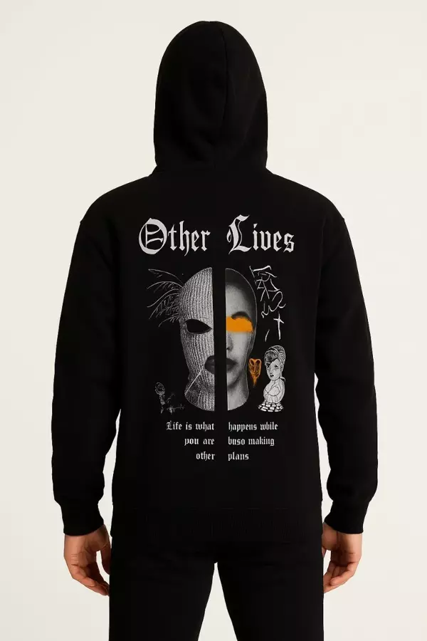 Üç İplik Kapüşonlu Ön ve Arka Baskılı SweatShirt hoodie - Siyah - Image 1