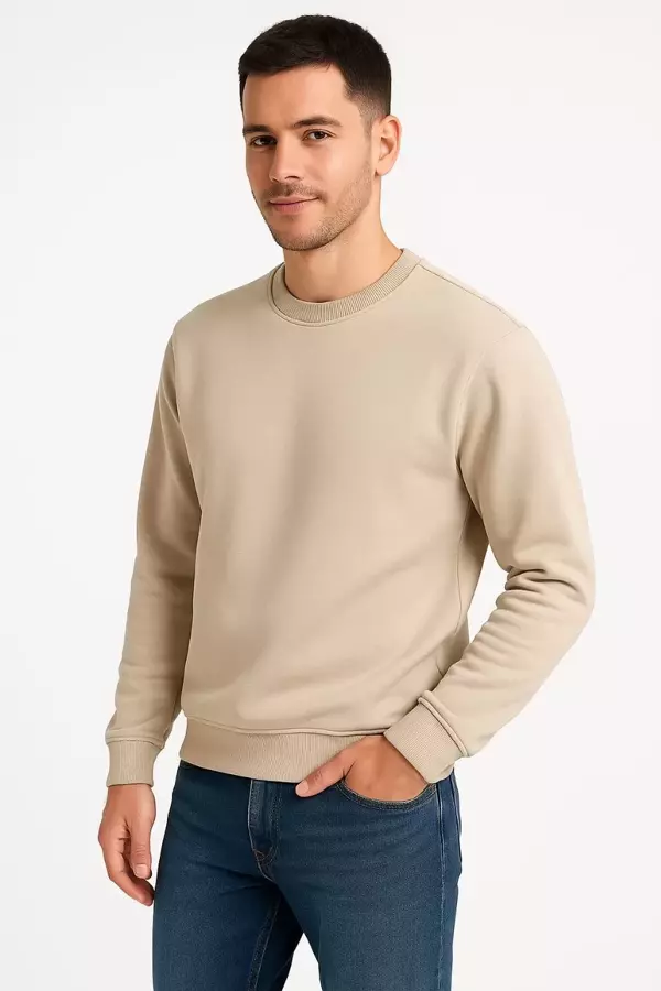Erkek Üç İplik Düz Bisiklet Yaka SweatShirt - Bej - Image 1