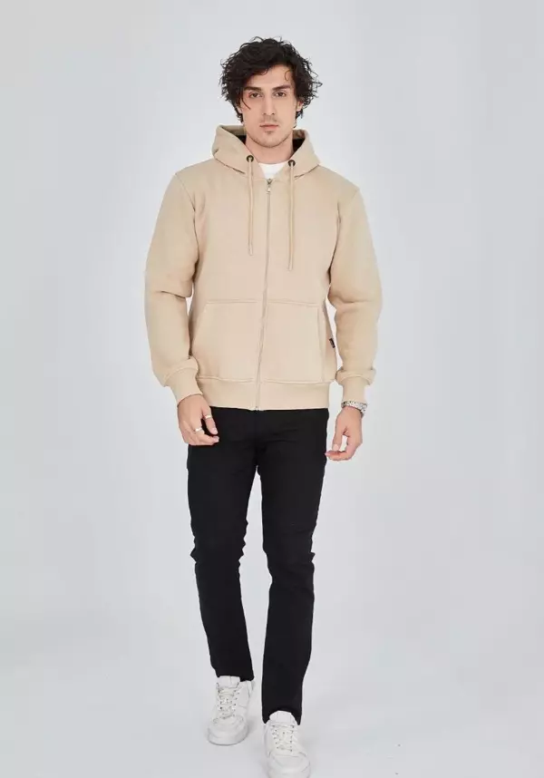 Unisex Tam Fermuarlı Kapşonlu  SweatShirt - Bej - Image 1