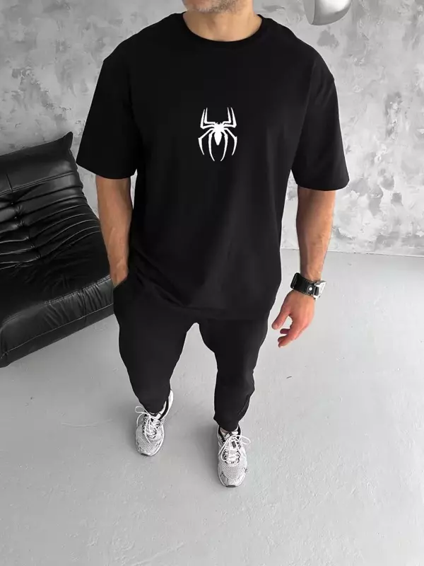 Unisex Bisiklet Yaka Baskılı Oversize T-Shirt - Siyah - Image 1