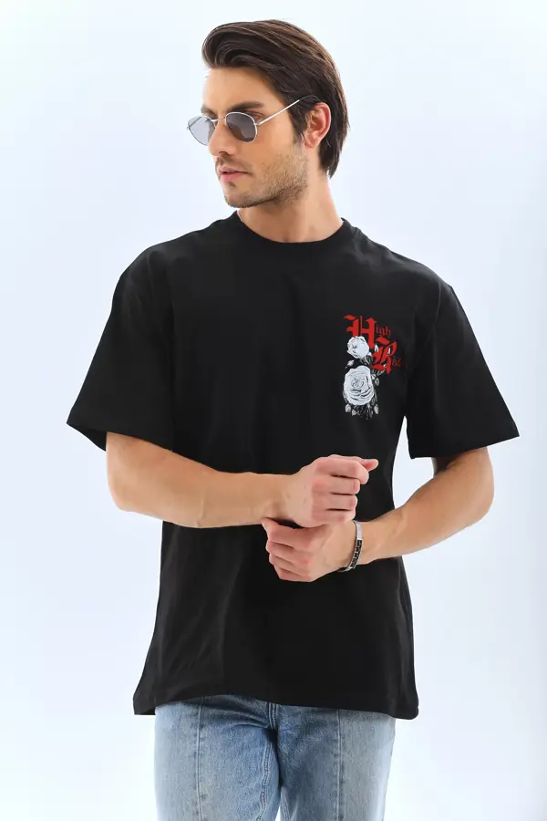 Unisex Oversize Baskılı Bisiklet Yaka T-Shirt - Siyah - Image 1