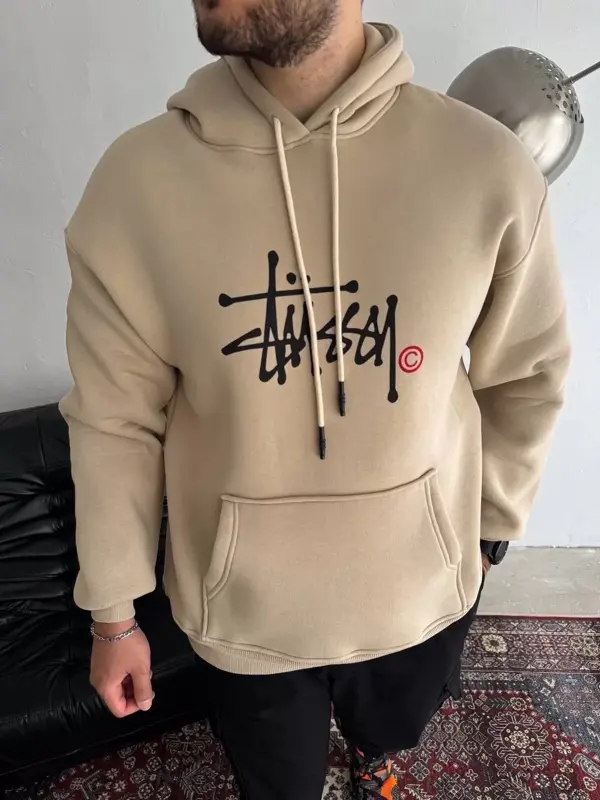 Üç İplik Kapşonlu Baskılı SweatShirt - Bej - Image 1