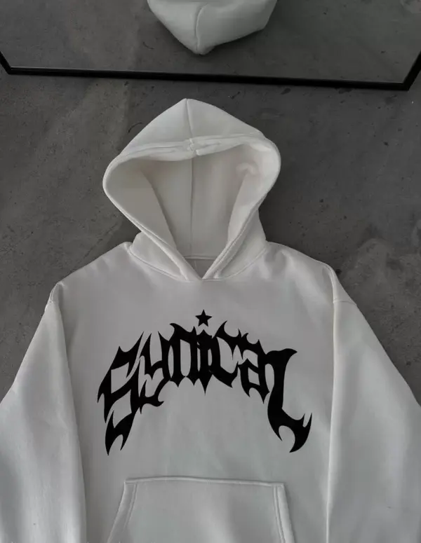 Kışlık Kapüşonlu Baskılı Oversize SweatShirt- Beyaz - Image 1