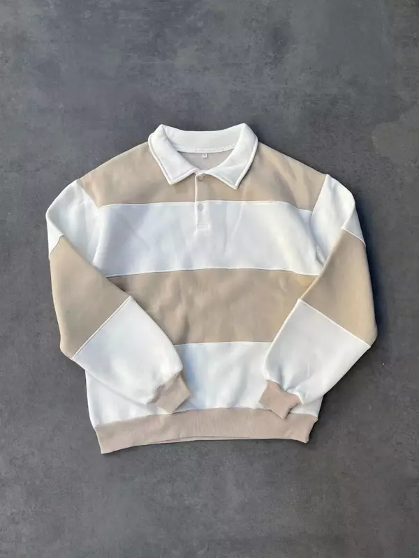 Unisex Üç İplik Parçalı Yakalı SweatShirt - Bej - Image 1