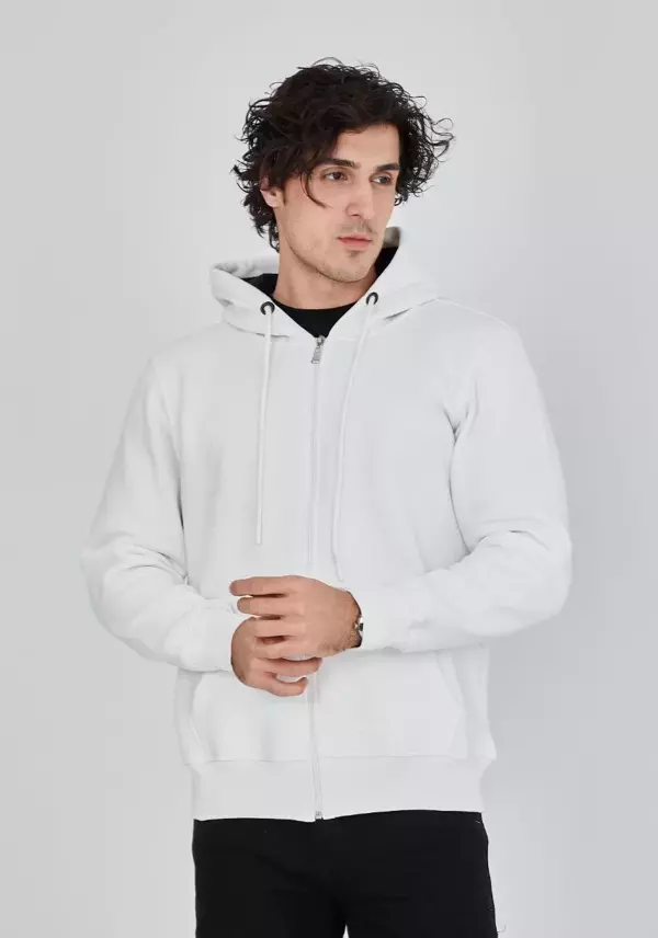 Unisex Tam Fermuarlı Kapşonlu  SweatShirt - Beyaz - Image 1