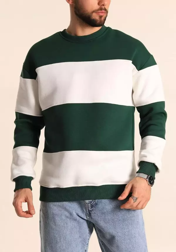 Parçalı Bisiklet Yaka Baskılı SweatShirt - Yeşil - Image 1