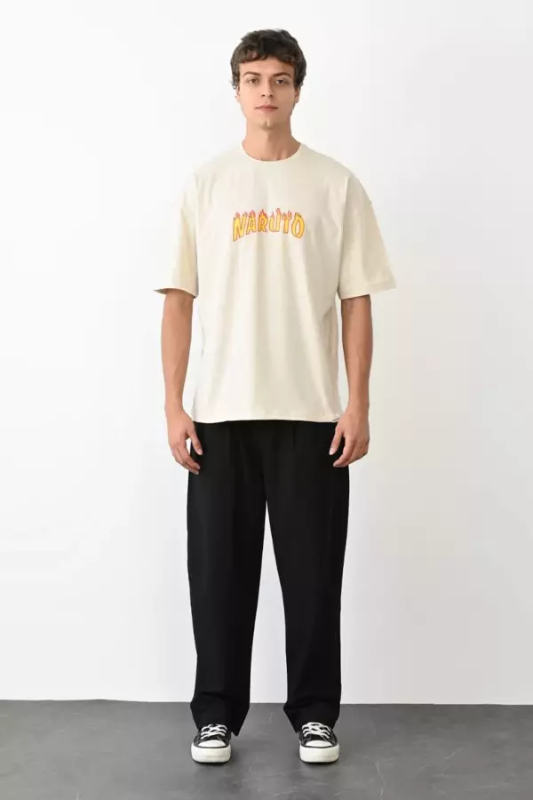 Unisex Bisiklet Yaka Baskılı Oversize T-Shirt - Beyaz - Image 1