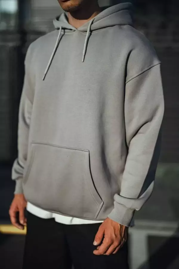 Üç İplik Penye Kapşonlu Basic SweatShirt - Boyalı Gri - Image 1