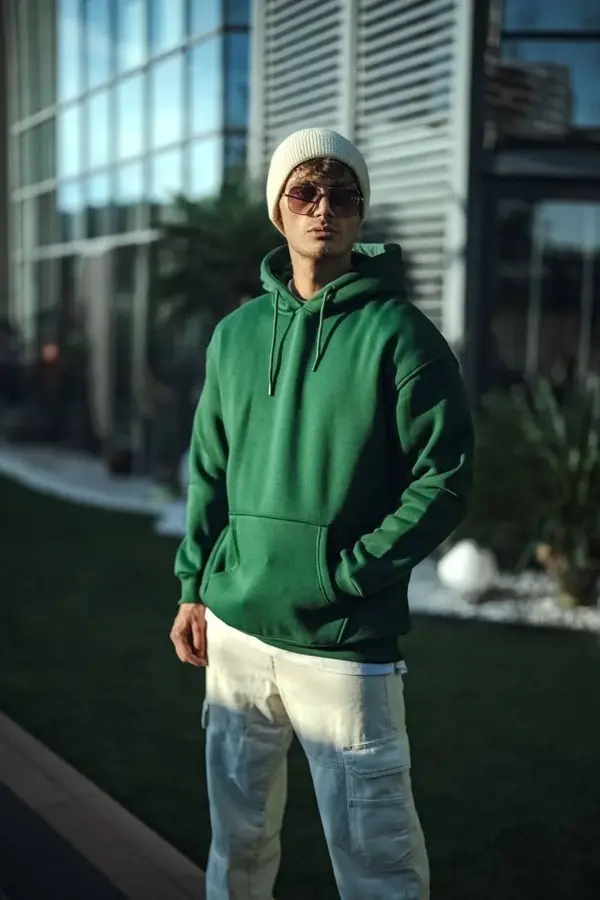 Üç İplik Penye Kapşonlu Basic SweatShirt - Haki - Image 1