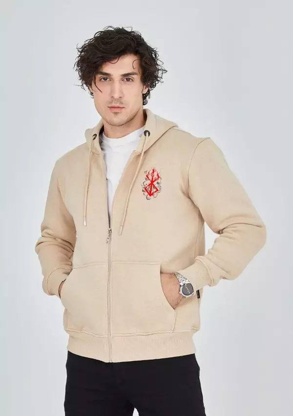 Unisex Baskılı Tam Fermuarlı Kapşonlu SweatShirt - Bej - Image 1