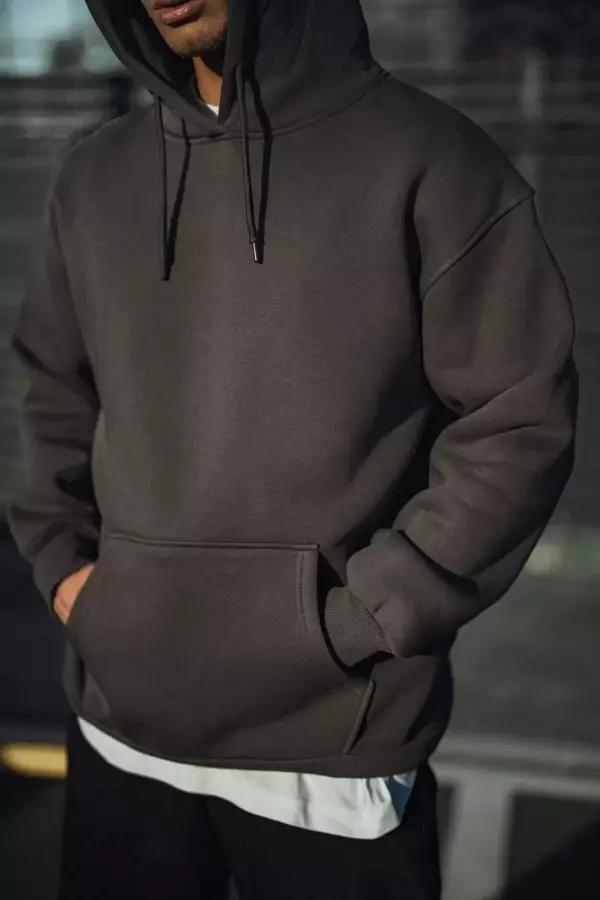 Üç İplik Penye Kapşonlu Basic SweatShirt - Füme - Image 1