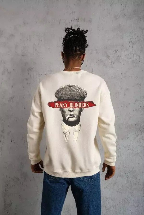 Unisex Bisiklet Yaka Baskılı Oversize Sweatshirt - Beyaz - Image 1