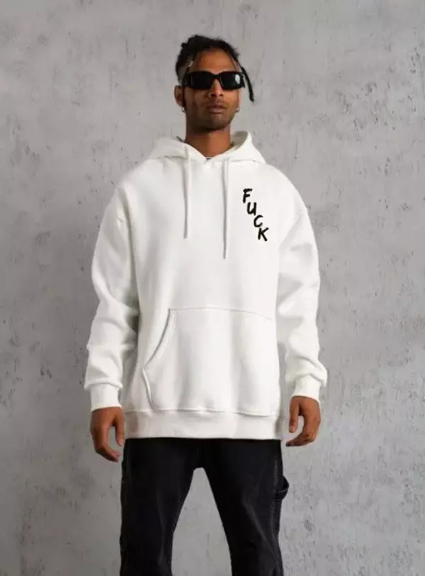 Unisex Kapşonlu Uzun Kol Baskılı Sweetshirt - Beyaz - Image 1