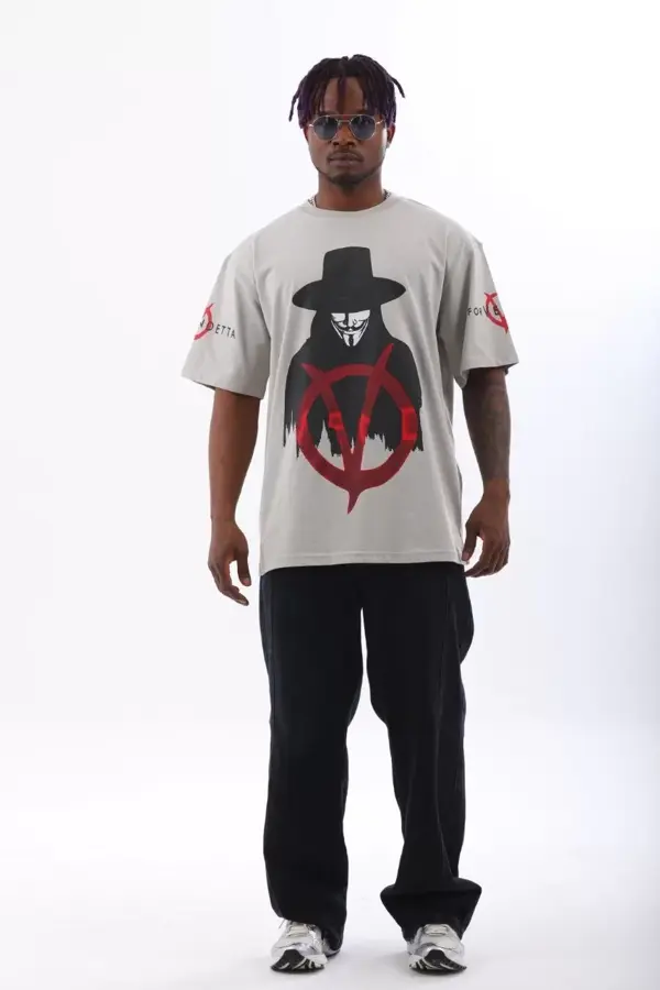 Unisex Oversize Baskılı Bisiklet Yaka T-Shirt - Gri - Image 1