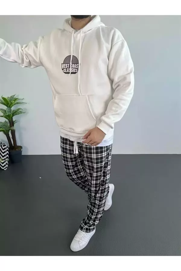 Erkek Baskılı Üç İplik Kapüşonlu Oversize Sweatshirt - Beyaz - Image 1