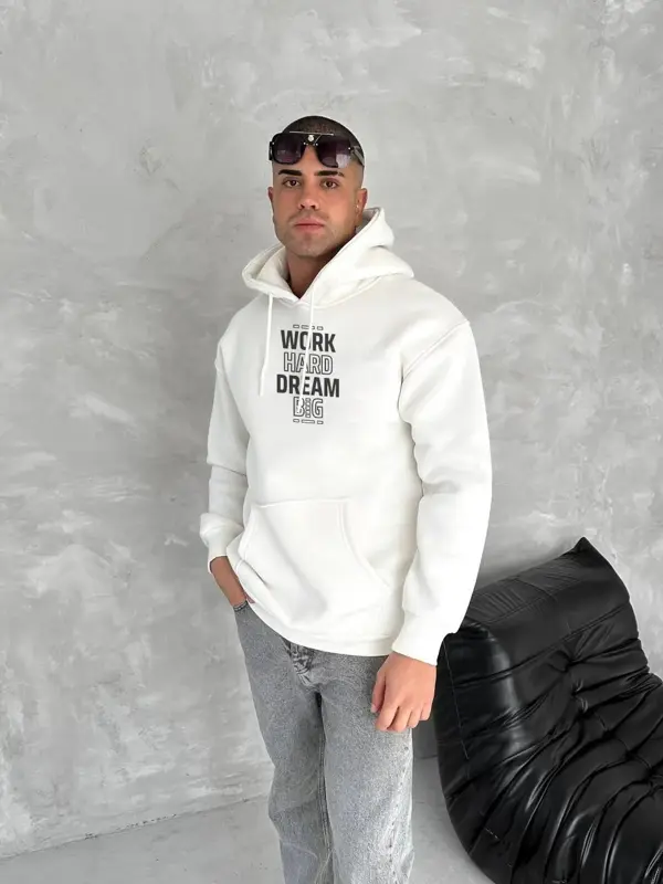 Kışlık Üç İplik Kapüşonlu SweatShirt - Beyaz - Image 1