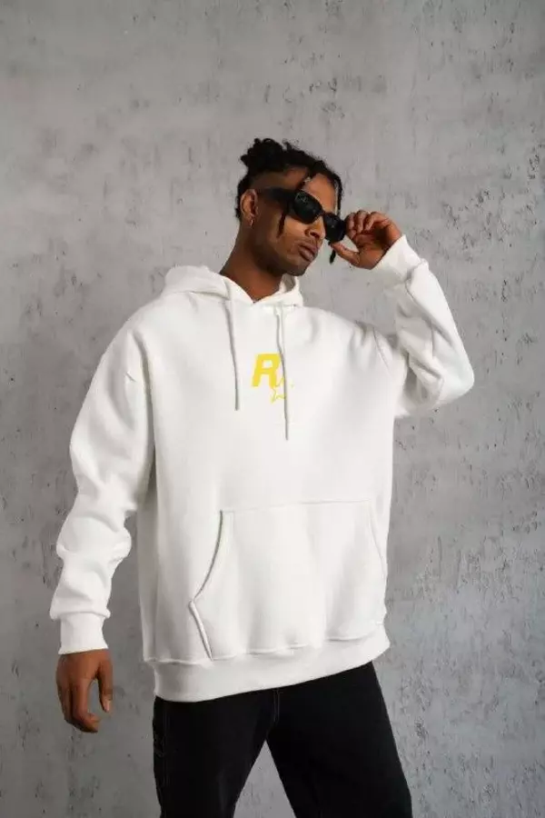 Unisex Kapşonlu Baskılı Sweetshirt - Beyaz - Image 1