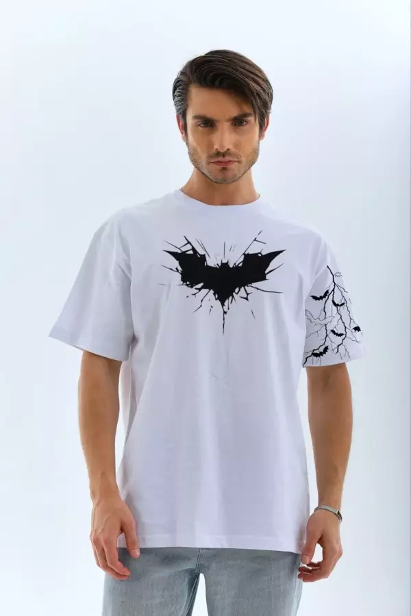 Unisex Ön ve Kol Baskılı Oversize T-shirt - Beyaz - Image 1
