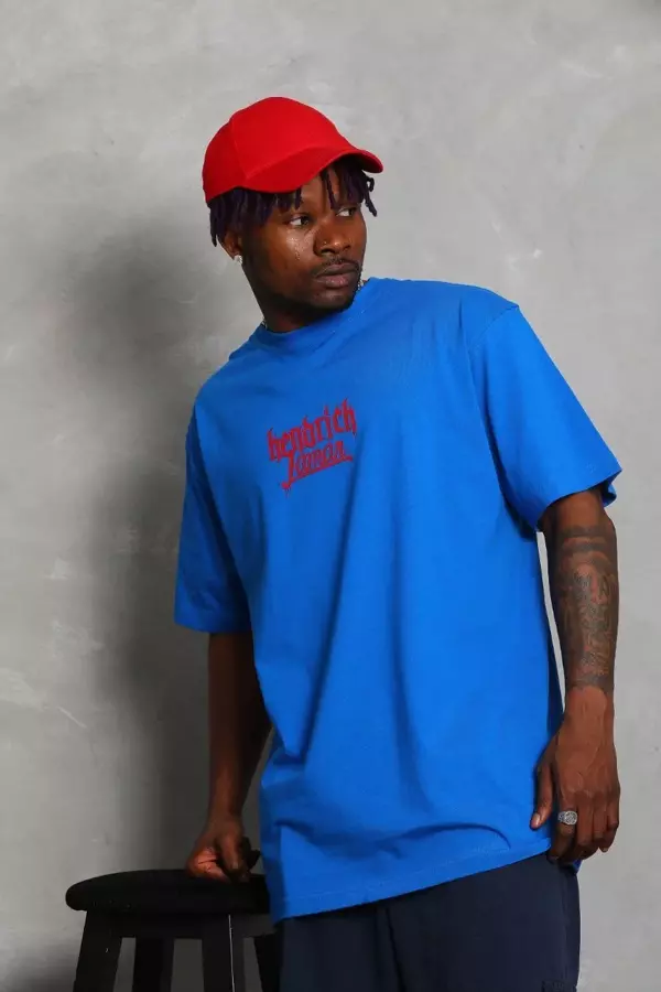 Unisex Oversize Baskılı Bisiklet Yaka T-Shirt - Mavi - Image 1