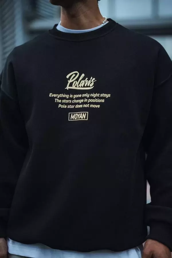 Kışlık Bisiklet Yaka Ön Ve Arka Baskılı SweatShirt - Siyah - Image 1