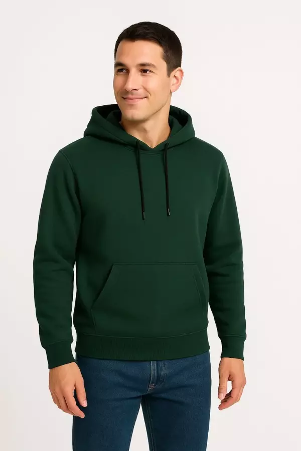 Erkek Üç İplik Kapüşonlu Kanguru Cepli SweatShirt hoodie - Haki - Image 1