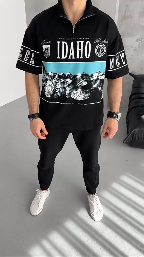 Unisex Baskılı Yarım Fermuarlı T-Shirt - Siyah - Image 1