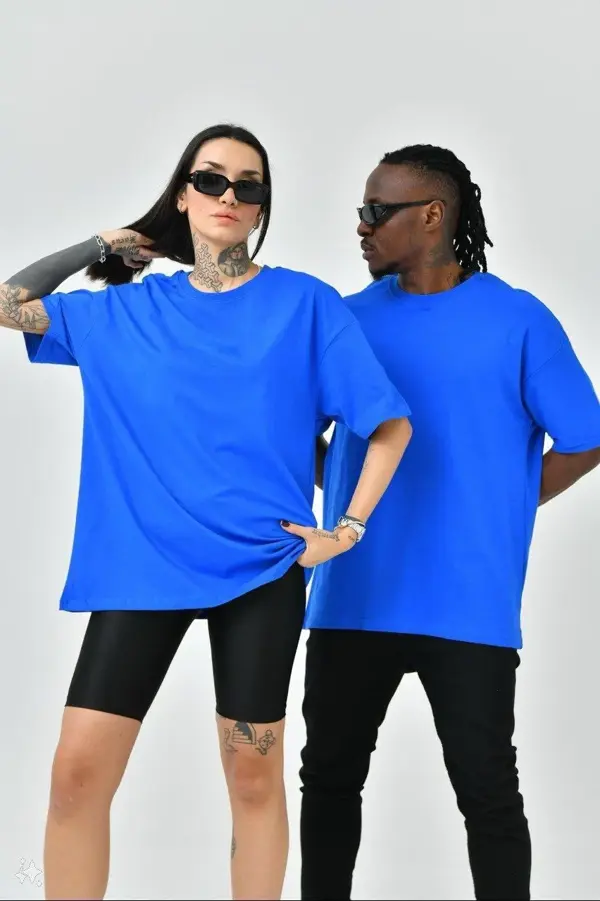 Unisex Basic Bisiklet Yaka Oversize T-Shirt - Mavi - Image 1