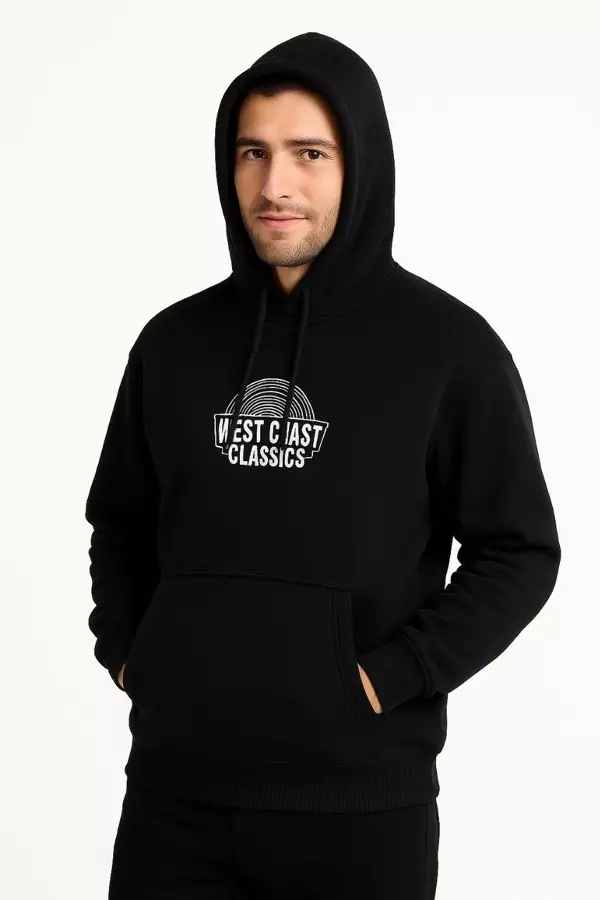 Erkek Üç İplik Kapüşonlu Ön ve Arka Baskılı SweatShirt hoodie - Siyah - Image 1