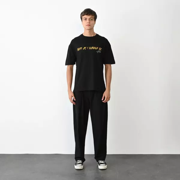 Unisex Bisiklet Yaka Baskılı Oversize T-Shirt - Siyah - Image 1