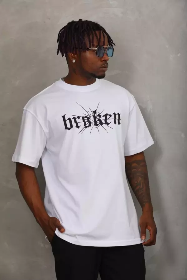 Unisex Oversize Baskılı Bisiklet Yaka T-Shirt - Beyaz - Image 1
