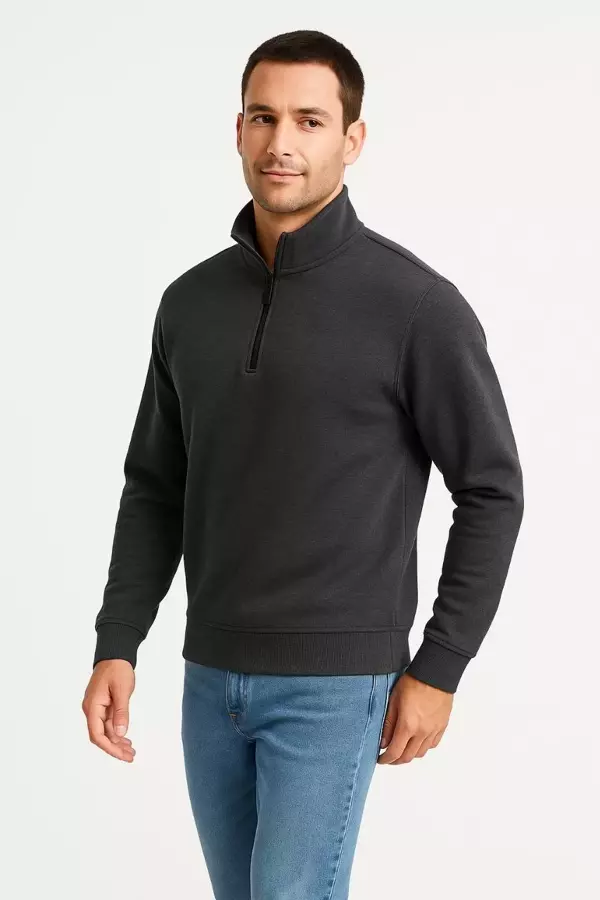 Erkek Dik Yaka Sweatshirt Dik Yaka Yarım Fermuarlı 3 İplik Şardonlu Pamuk Kumaş - Antrasit - Image 1
