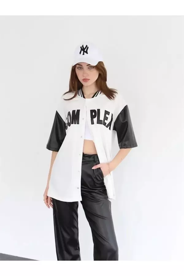Kadın Complex Kolları Deri Kolej Oversize T-shirt - Beyaz - Image 1