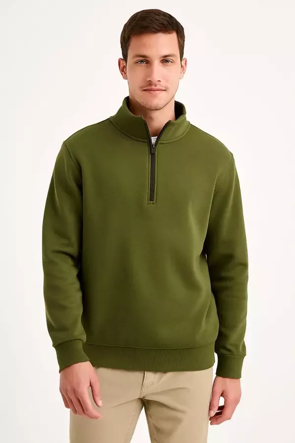 Erkek Dik Yaka Sweatshirt Dik Yaka Yarım Fermuarlı 3 İplik Şardonlu Pamuk Kumaş - Haki - Image 1