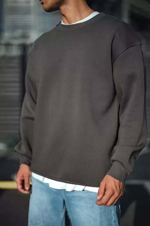 Kışlık Bisiklet Yaka Üç İplik Basic SweatShirt - Antrasit - Image 1