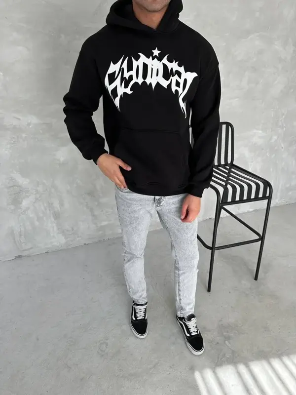 Unisex Üç İplik Kapüşonlu Baskılı SweatShirt - Siyah - Image 1