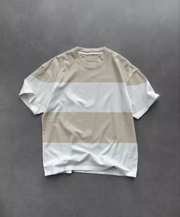 Unisex Bisiklet Yaka Parçalı T-Shirt - Bej - Image 1