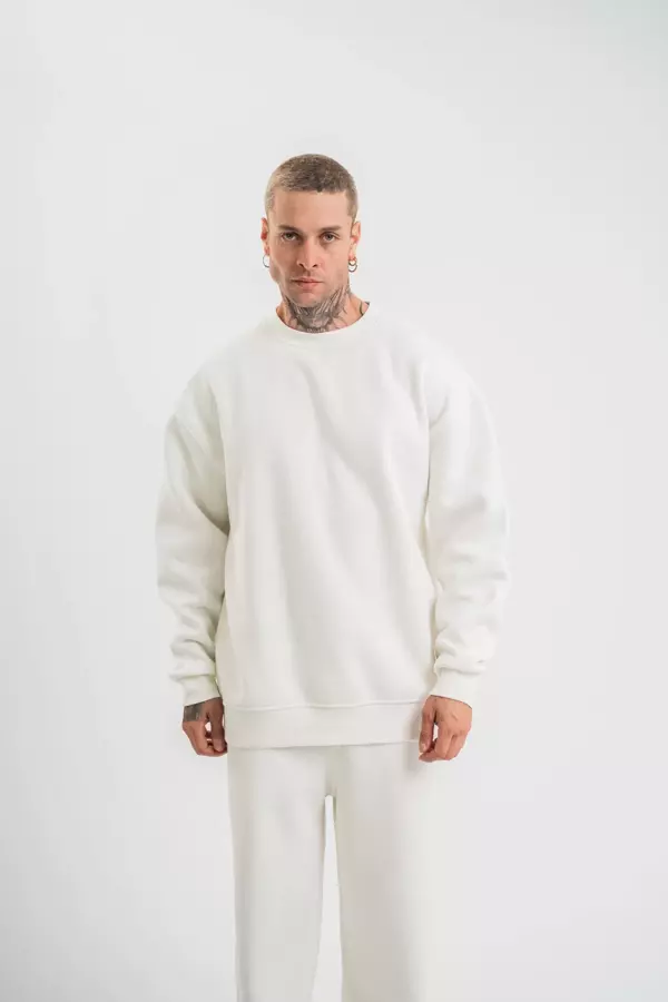 Uzun Kol Bisiklet Yaka Basic SweatShirt - Beyaz - Image 1