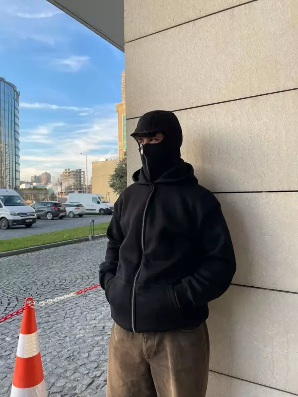 Samuray Kapüşonlu ZIP Fermuarlı Kapüşonlu SweatShirt - Siyah - Image 1